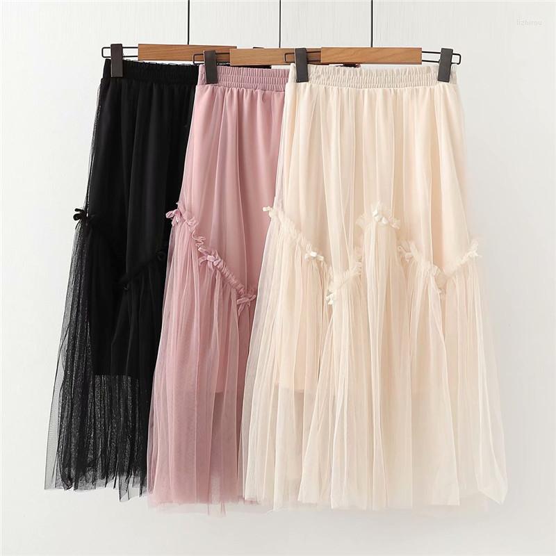 

Skirts Women Gauze Skirt Spring Summer Female High Waist Midi A-line Ladies Elastic Lotus Leaf Bow 2022, Black