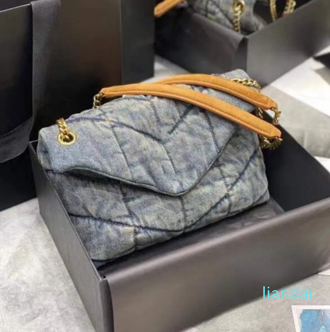 

style Evening Bags loulou puffer small medium shoulder bag in quilted vintage denim and suede Luxury Designer Brand to262T, Medium size 35cm