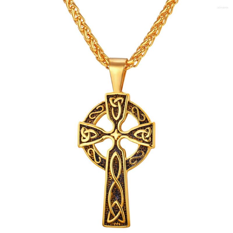 

Chains Collare Viking Cross Pendant Triple Horn Of Odin Jewelry Stainless Steel Gold Color Christian Celtic Knot Necklace P050