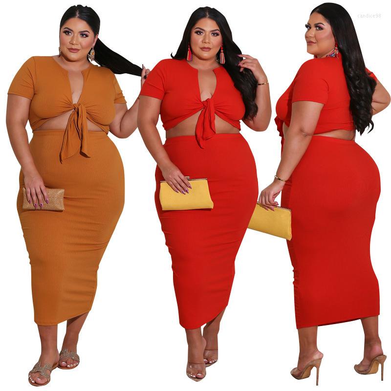 

Work Dresses Plus Size Women Clothing Two Piece Set Wholesale 5xl Crop Top And Midi Dress Bodycon Sexy Knitted Sets Drop, Red
