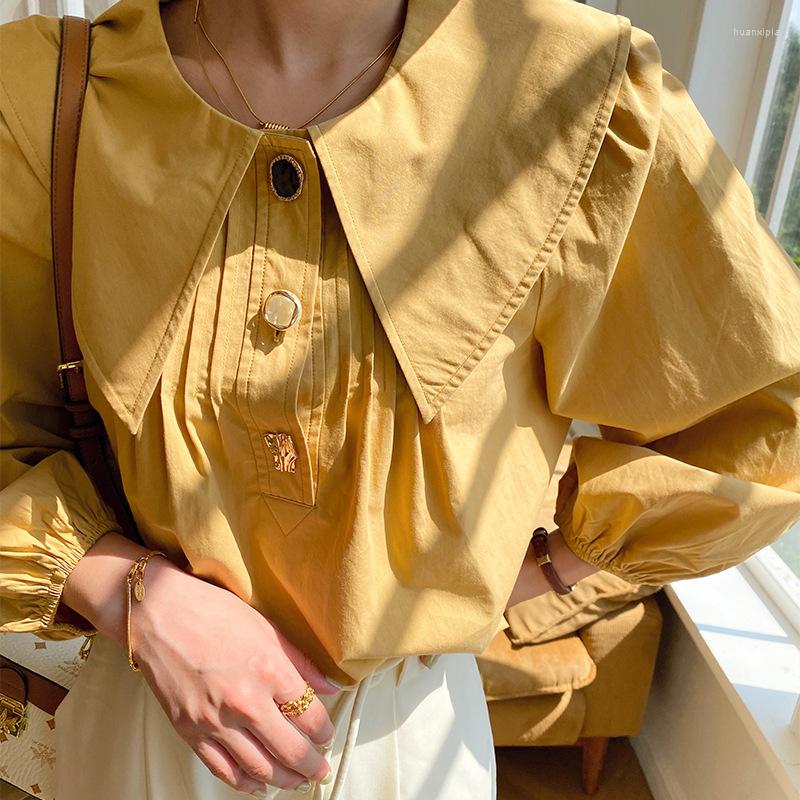 

Women' Blouses Elegant Women Blouse Shirt 2022 Autumn Long Lantern Sleeve Beige Button Loose Casual Ladies Tops Blusas Womens