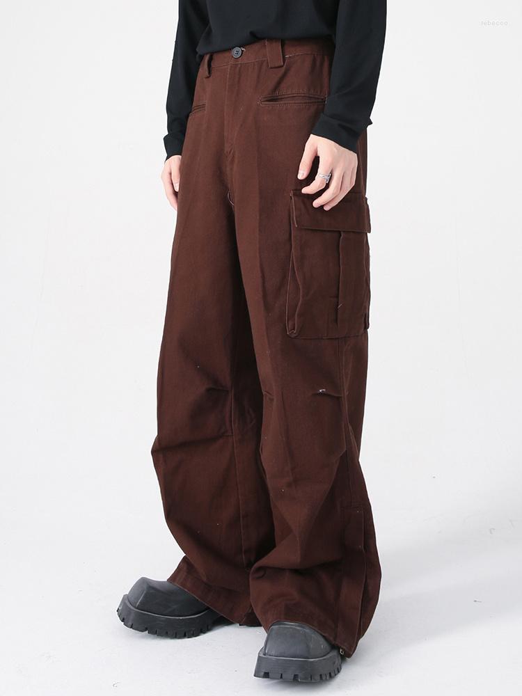 

Men' Pants Cargo Autumn Men' American Design Fashion Casual 2023 Solid Color Pocket Vintage Wide Leg Male Trousers 2A6693, Black