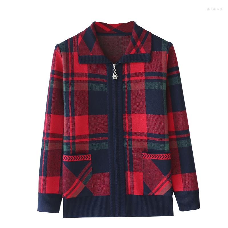 

Women's Knits Red Plaid Green Sweater Cardigan Middle-aged And Elderly Women's Sweaters Autumn Winter Zipper Knitted Coat Tops, Green plaid