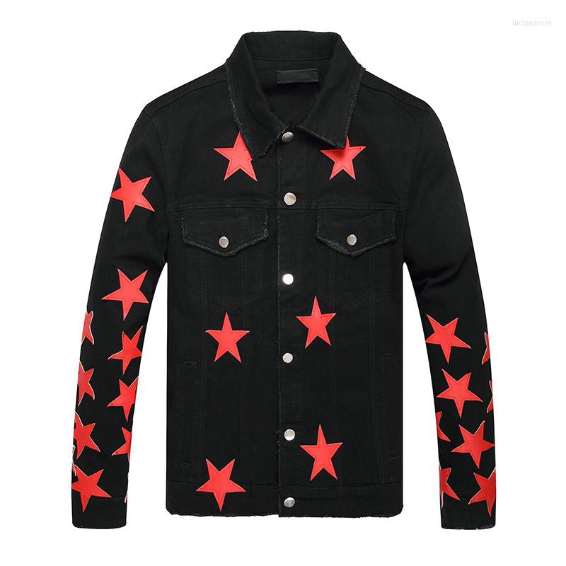 

Men' Jackets Leather Pentagram Patchwork Black Denim Spring Autumn Streetwear Jeans Outwear Coats For Male Hi Street
