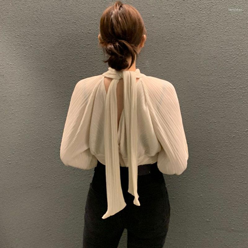 

Women's Blouses Korean Fashion OL Elegant Office Blouse Woman Stand Collar Long Sleeve Women Back Lace-up Hollow Top Female Drop, Gray