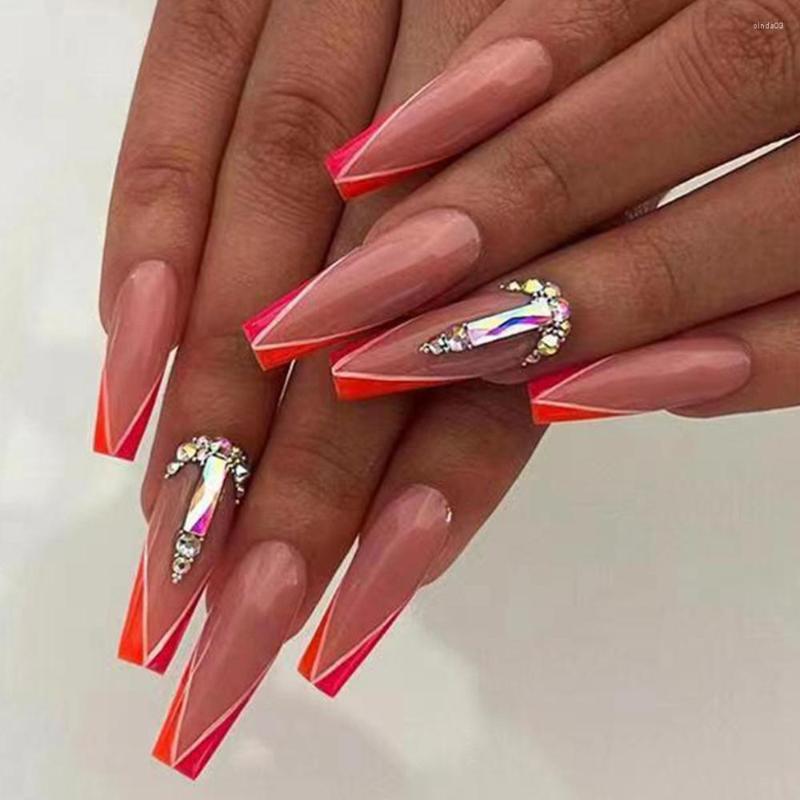 

False Nails 24Pcs Long Ballerina Fake Aurora Square Diamond Two-color Edge Orange Red Color Matching Manicure Tool French, Only fake nails