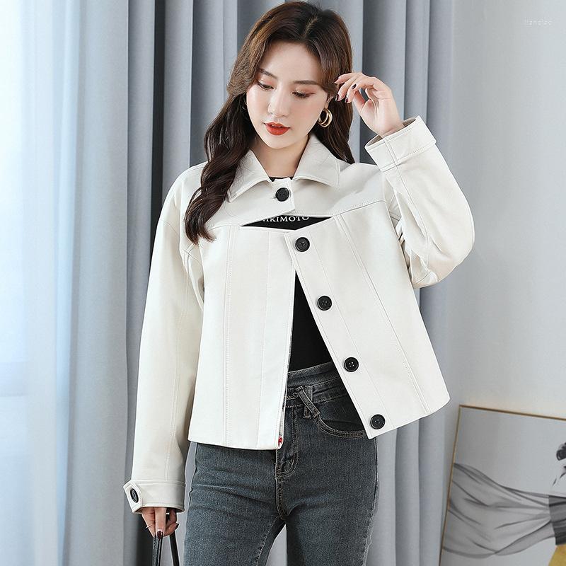 

Women's Leather Genuine Real Autumn Winter 2023 Polo Women's Casual Short Sheepskin Motorcycle Jacket, Black