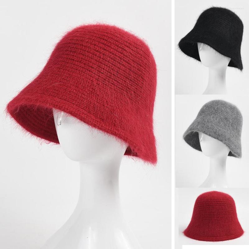 

Berets Korean Fashion Bucket Hats For Women 2022 Solid Color Fur Winter Knitted Fisherman Cap, Black
