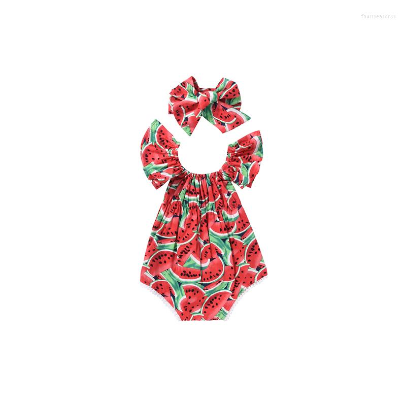 

Rompers Sweet Fashion Toddler Baby Girls Cotton Short Sleeve O-Neck Covered Button Watermelon Print Red Bodysuit Headband 2PCS 0-24M, Picture shown