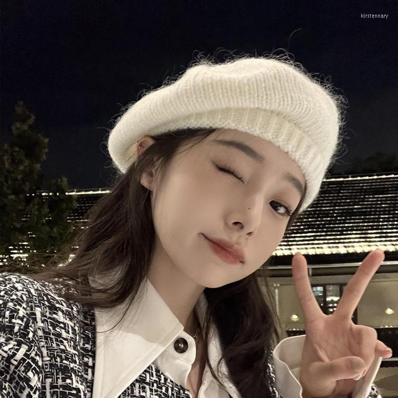 

Berets Foux Beret Hats Women Winter Knit Sboy Caps Brimless Elastic Solid Color Baker Boy Painter Korea Japanese Style Fashion, White