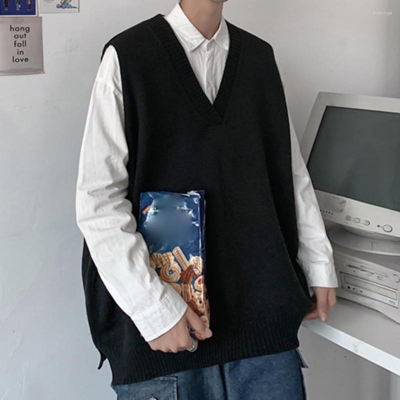 

Men's Vests Knitting Trendy Oversized Winter Sweater Vest Preppy Style Men Autumn Sleeveless For Daily Wear, Black