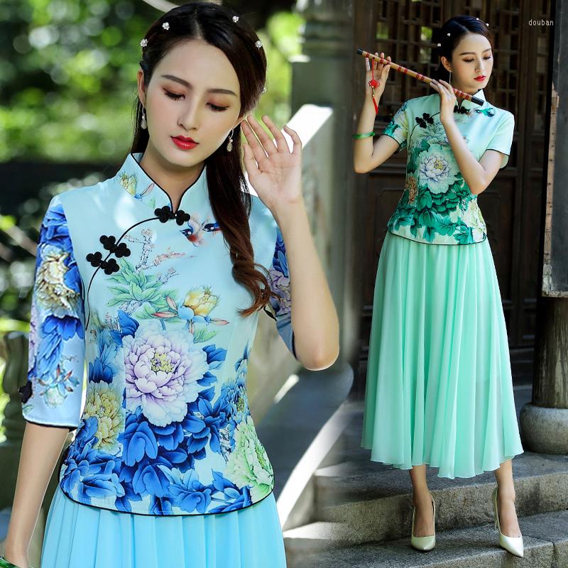 

Ethnic Clothing Traditional Chinese Tang Suit Women Fashion Clothes Two Set For Hanfu Retro Cheongsam Tops And Skirt