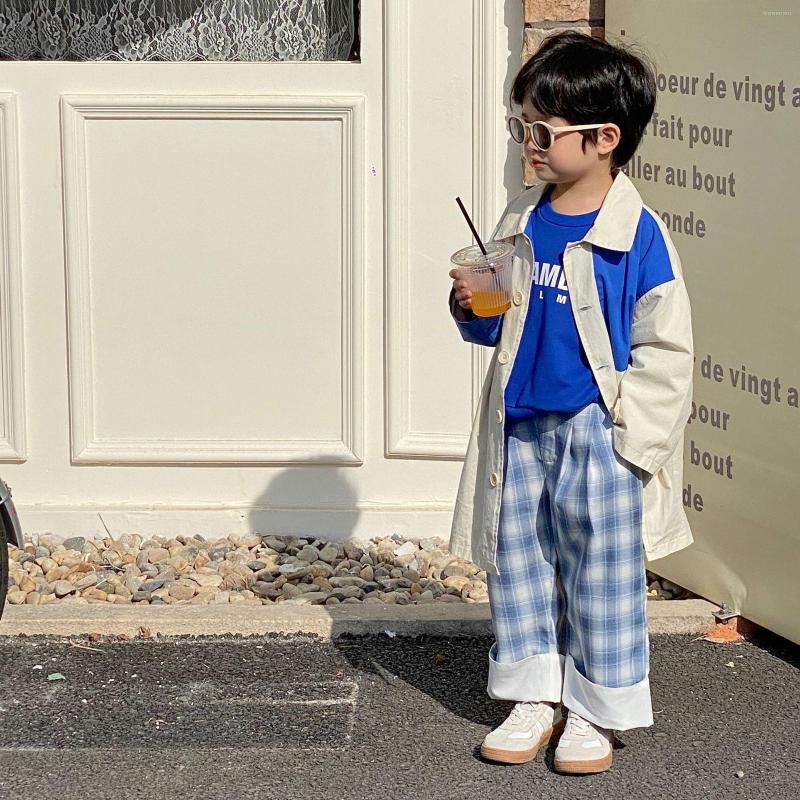 

Tench Coats Korean Style Children Fashion Patchwork Long Trench Jackets Boys Colour Blocking Casual Loose, Beige