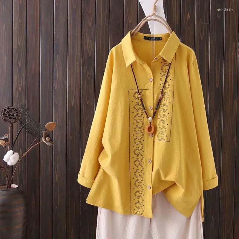 

Women's Blouses Women's Embroidery Shirt Spring Summer Long Sleeve Tops Single-Breasted Loose Retro Cotton Linen Shirts 4XL, Blue