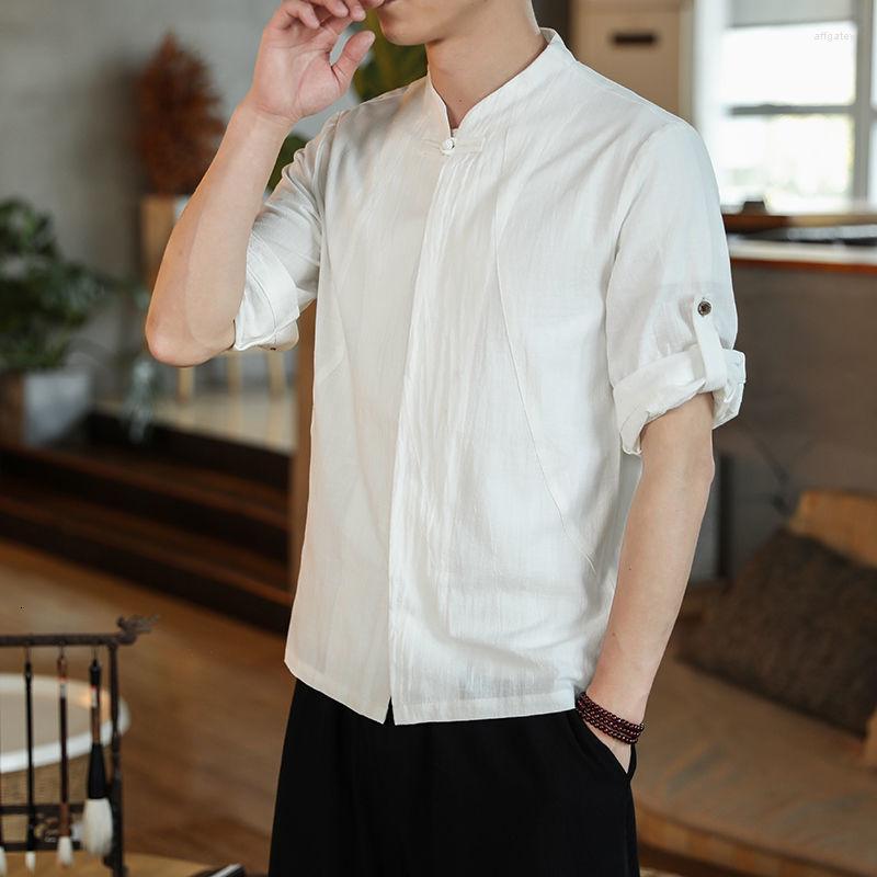 

Men's T Shirts MrGB China Style Big Size Shirt Men Casual Three Quarter Sleeve Stand Collar Button Cardigan Fashion Vintage Solid Color, Black