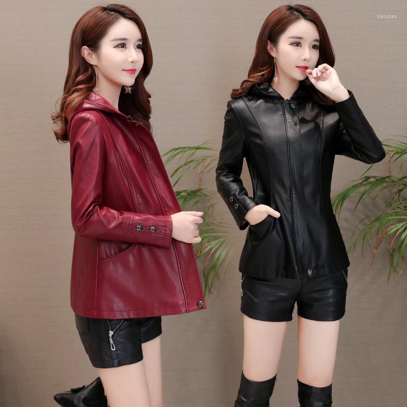 

Women's Leather Genuine Real Autumn Winter 2023 Haining Clothes Women's Short Large Slim Versatile Hooded Coat Middle Aged Mother's, Hong 8102 wine red