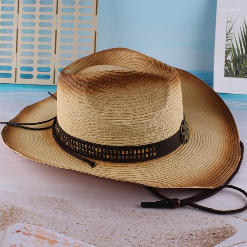 

Berets Retro Big Brim Straw Hat Pa-pyrus Curled Jazz Top Cowboy Cap Hipster Wide Outdoor Trend Sun, Brown
