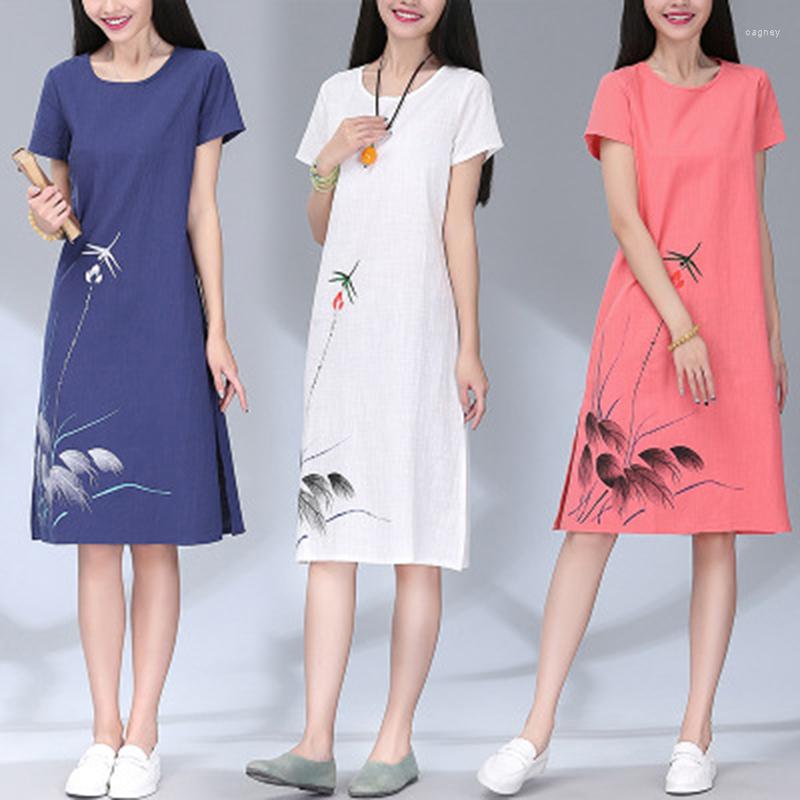

Party Dresses Summer Chinese Style Women Dress Hand-painted Printed Round Neck Short-sleeved Cotton And Linen Loose Long, White