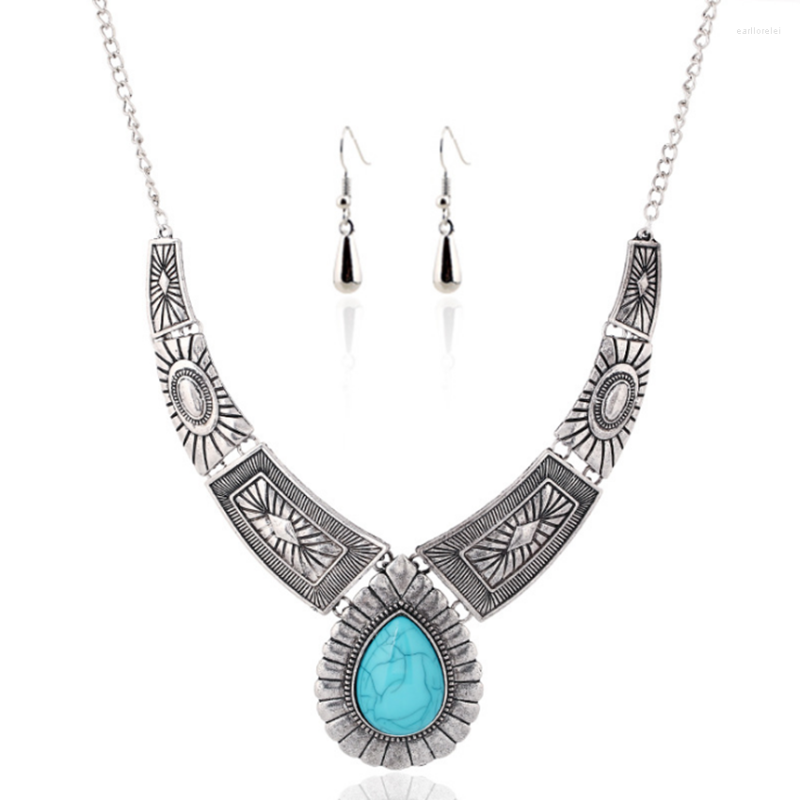 

Necklace Earrings Set Antique Silver Plated Water Drop Green Turquoises Stone Pendant Link Chain For Women, Picture shown
