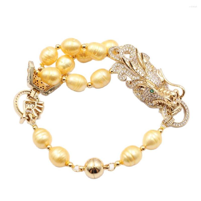 

Strand GuaiGuai Jewelry Yellow Golden Rice Pearl Bracelet Dragon CZ Pave Connector Bangle Handmade For Women