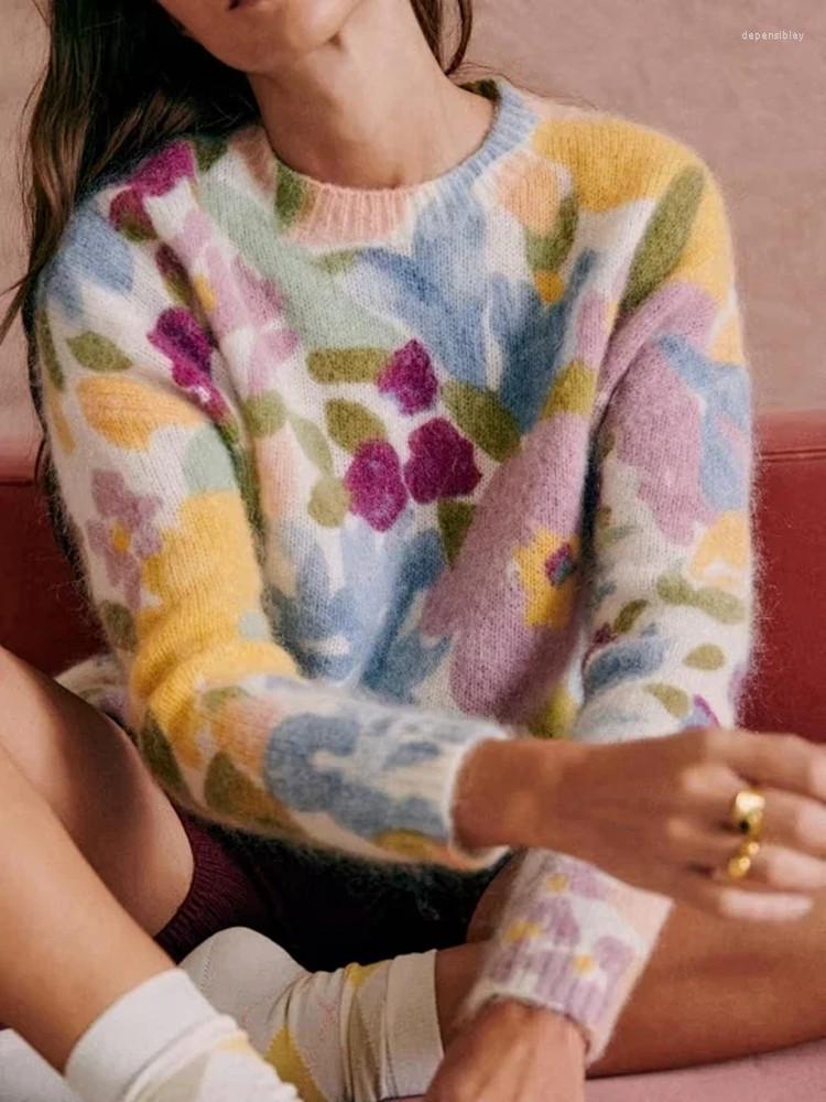 

Women' Sweaters Women Floral Oil Painting Knit Sweater 2022 Autumn Wool Mohair Blends Long Sleeve Knitwear Contrast Color Lady O-Neck