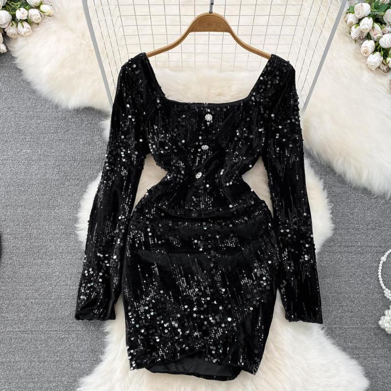 

Casual Dresses Spring And Autumn Senior Sense Retro Temperament Long-sleeved Square Collar Sequins Waist-skimming Hip Dress Feminine, Black