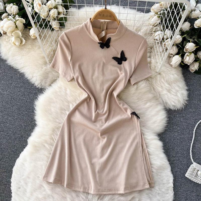 

Work Dresses Chic Two Piece Sets Womens Outifits Women Set Chinese Style Stand Collar Dress 3D Butterfly Slim Shorts Drop, Khaki