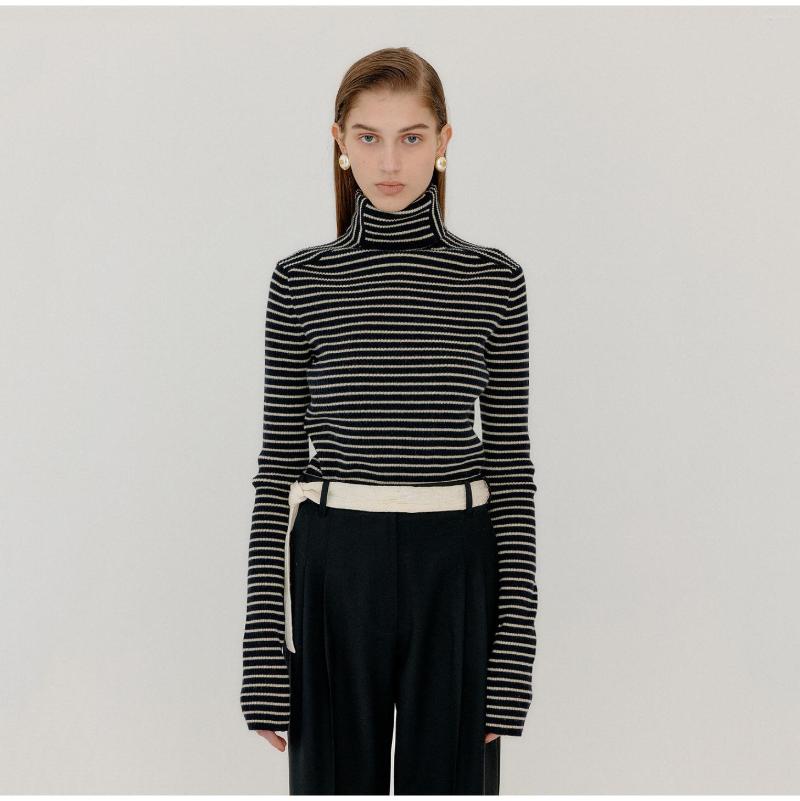 

Women' Sweaters Autumn And Winter 2002 Style Temperament Stripe High Collar Versatile Knitwear Women' Slim Pullover Long Sleeve, Black
