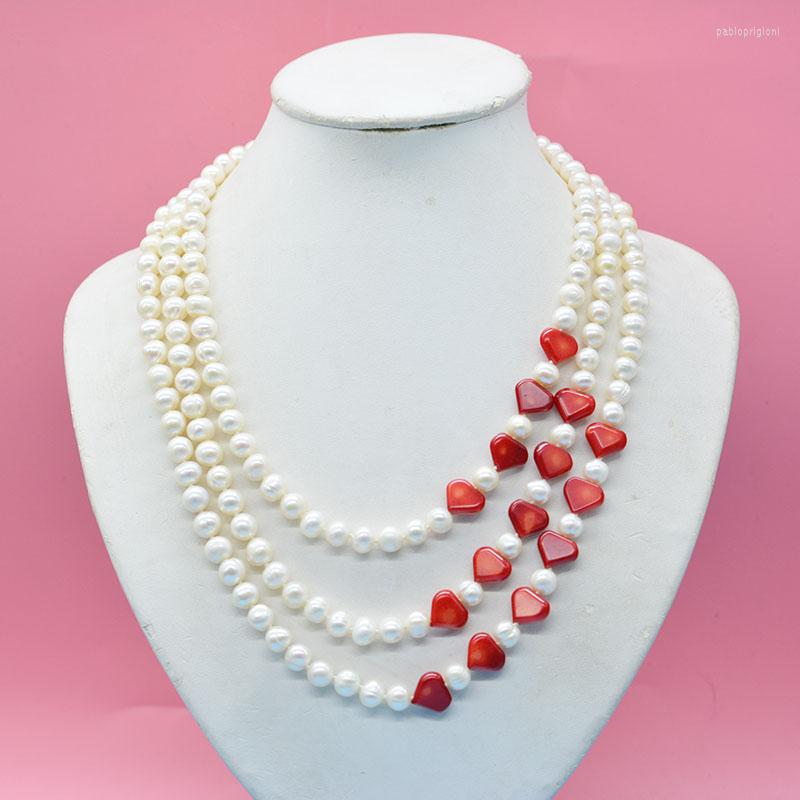 

Choker Exquisite. Pretty. Unique. 8MM Natural Potato-shaped Pearl Coral. 3 Rows Of Necklaces. Classic Bridal Wedding Jewelry 18-22"