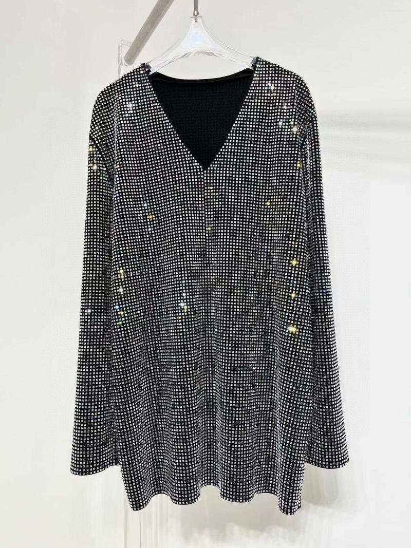 

Women' Blouses Fashion Luxury Blouse 2022 Autumn Design Women Runway Diamonds V-Neck High Quality Long Black Loose