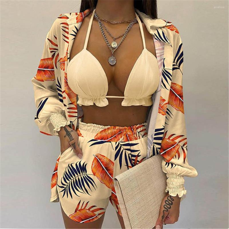 

Women' Tracksuits Summer Beach Sexy 3pcs Set Women Cardigan Blouse Tops Shorts Lady Casual Lanter Sleeve Loose Short Pants Suits Leaf Print, Black