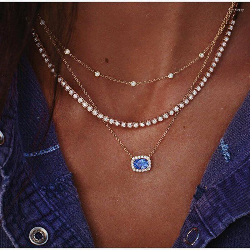 

Chains Multi-layered Blue Gemstone Pendant Metal Necklace Gold Color Three Clavicle Chain Choker Jewelry