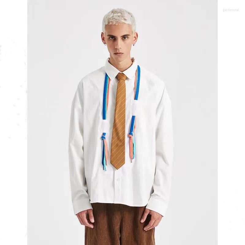 

Men' Casual Shirts 2022 Men' Personalized Color Woven Belt Design Long Sleeve Shirt Loose White Camisa Masculina Lapel Collar