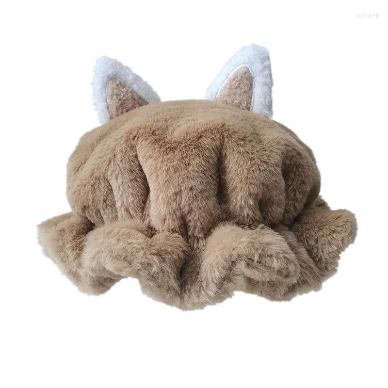 

Berets Plush Hat Female Winter Thick Warm Hair Lovely Ears Beret Big Head Around Cap 02-CP-kabled