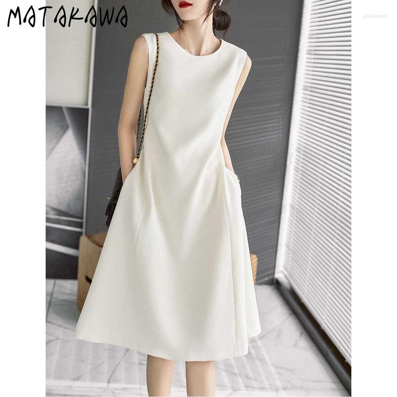 

Casual Dresses Matakawa Women Office Lady Work Fashion Solid Summer Elegant Robe Femme High Waist Sleeveless Vintage Vestidos A-line, Beige