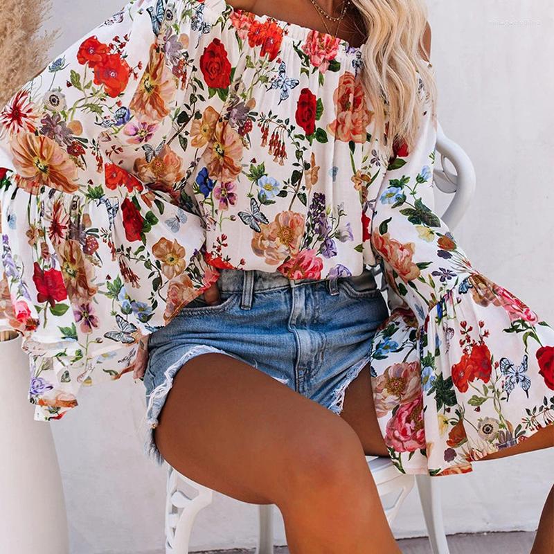 

Women' Blouses Fashion Loose Casual Shirt Sexy 2022 Spring Printed Flare Sleeve Chiffon Blouse Women Slash Neck Off-shoulder Crop Top 17307, Picture