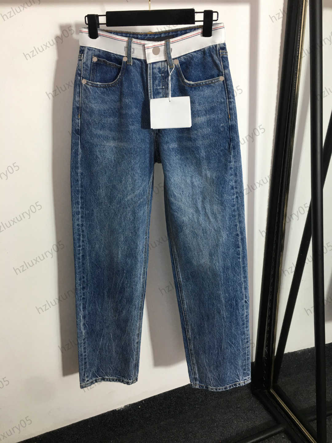 

Womens Jeans Spell Color Letter Waist Decoration Straight Denim Trousers Loose Slimming Buttons Joker Pants Designer Brand Women Clothing