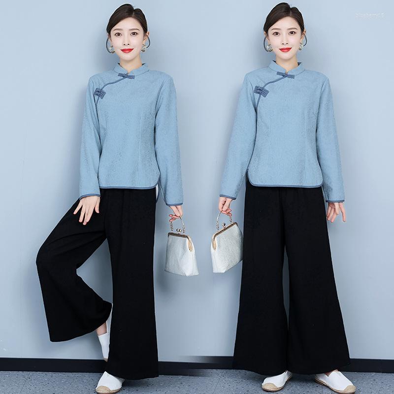 

Ethnic Clothing Chinese For Women Shirt Tang Suit Autumn Winter Plus Velvet Top Pants Set Blouse Hanfu Solid Color Loose Trousers