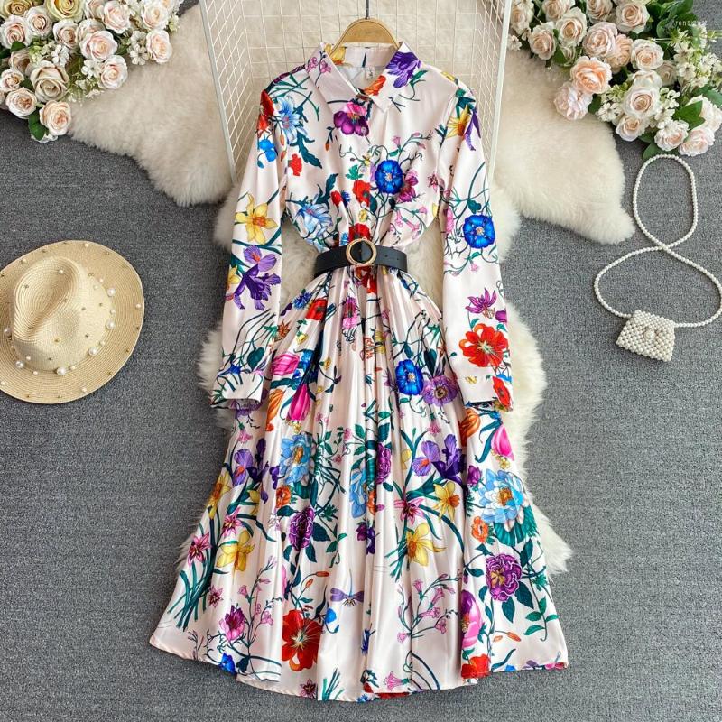 

Casual Dresses European And American Retro Temperament Long-sleeved Lapel Waist-skimming Positioning Print Pleated Dress Elegant Long Skirt, Apricot