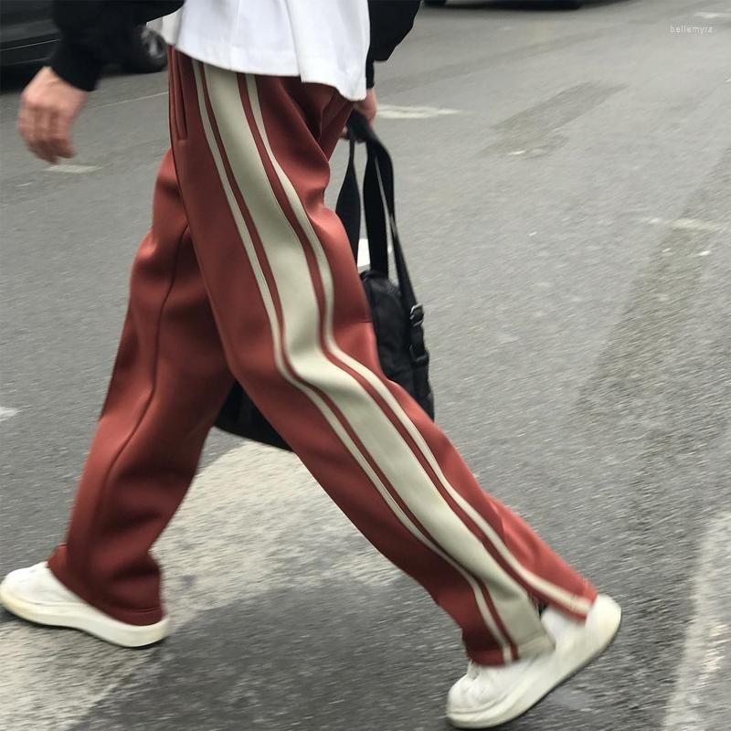 

Men' Pants Men' Retro Color Matching Trousers Loose Vertical Striped Sports Contrast Stitching Street Casual Wide-leg, Gray