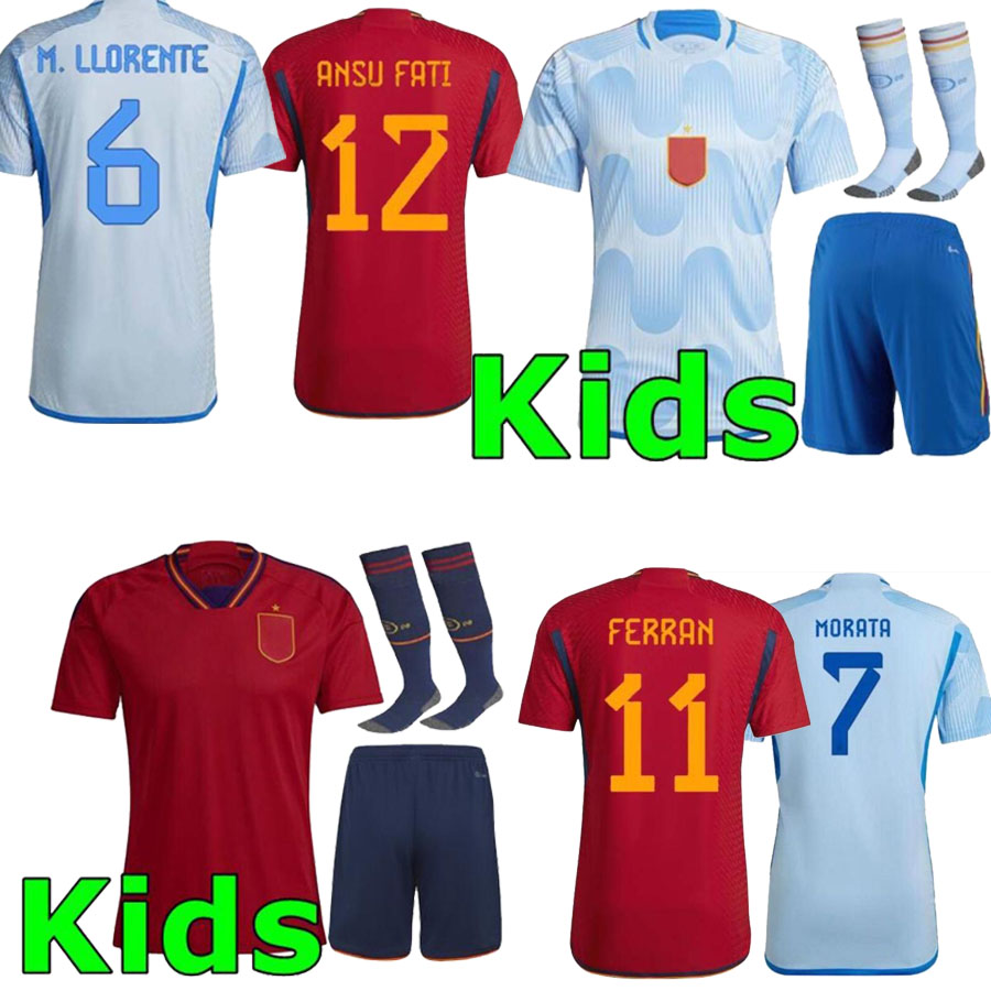 

Spain soccer jerseys Espana ANSU FATI ASENSIO MORATA FERRAN KOKE GAVI AZPILICUETA C.SOLER 22 23 WORLD RAMOS CUP football shirts kids sock kit, Red