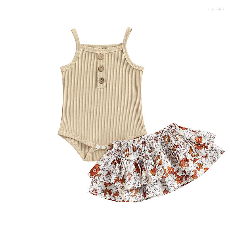 

Clothing Sets Infant Baby Girls Casual Suit Solid Color Sleeveless Romper Tops Floral Printed Short Skirt, Picture shown