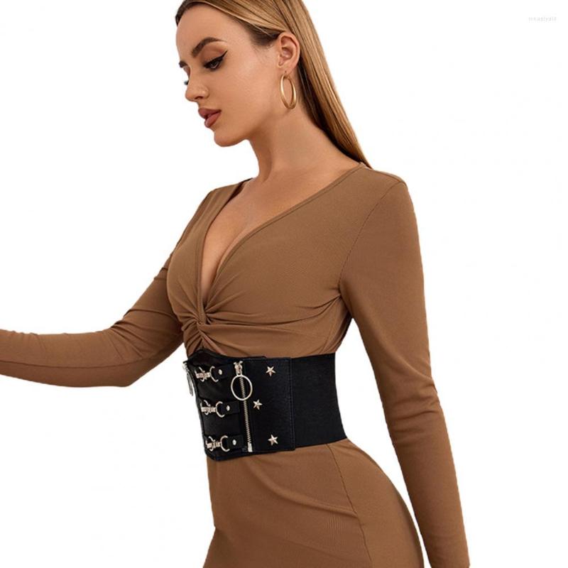 

Belts Metal Buckles Zipper Closure Wide Faux Leather Women Belt Lady Punk Good Elasticity Push Up Cincher, Black