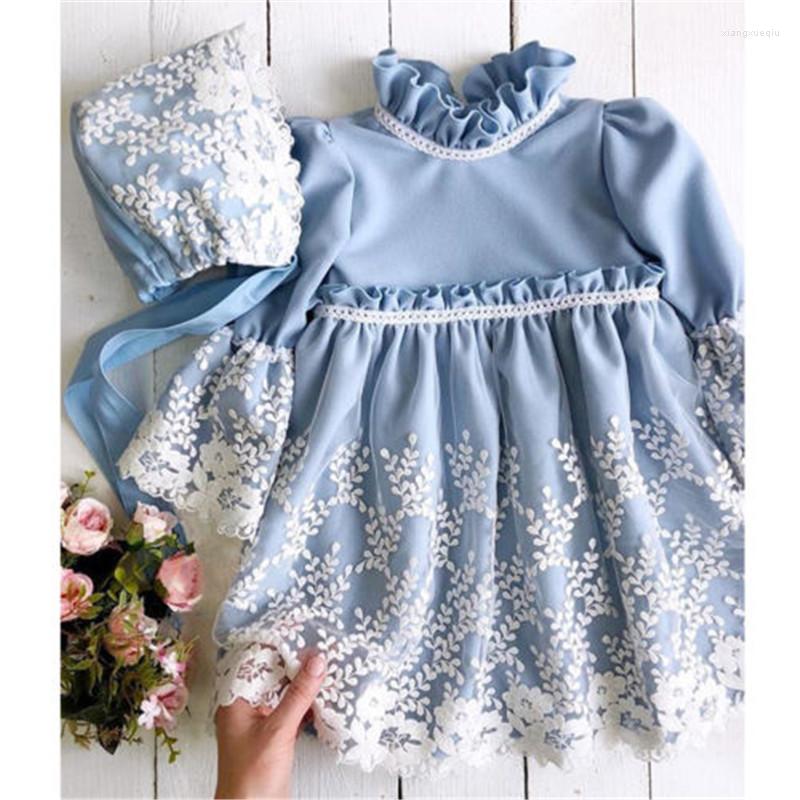 

Girl Dresses Princess Dress Kids Baby Girls Lace Flower Flare Sleeve Party Wedding Tutu Hat 2pcs Spring Autumn Clothes S, Blue