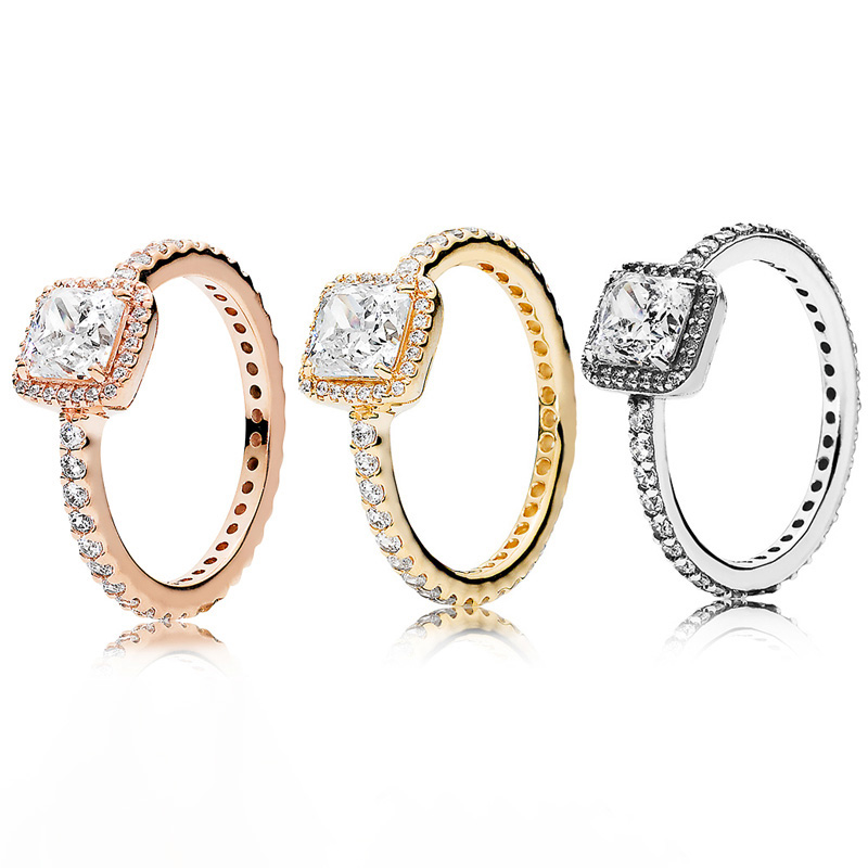 

Rose Gold Square Sparkle Halo Ring with Original Box for Pandora Real Sterling Silver Wedding Party Jewelry For Women Girlfriend Gift CZ diamond Rings