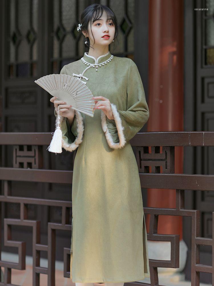 

Ethnic Clothing 2022 Chinese Style Autumn Winter Women Elegant Vintage Qipao Dress Young Lady Graceful Thickened Hanfu Cheongsam A629