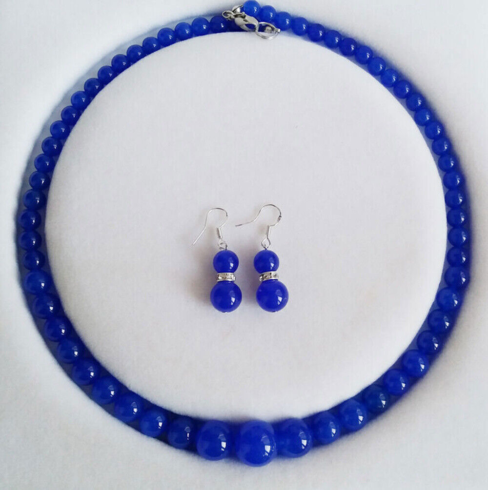 

Beautiful Natural 6-14mm Blue Jade Round Gemstone Necklace Earrings Set 18'' AAA