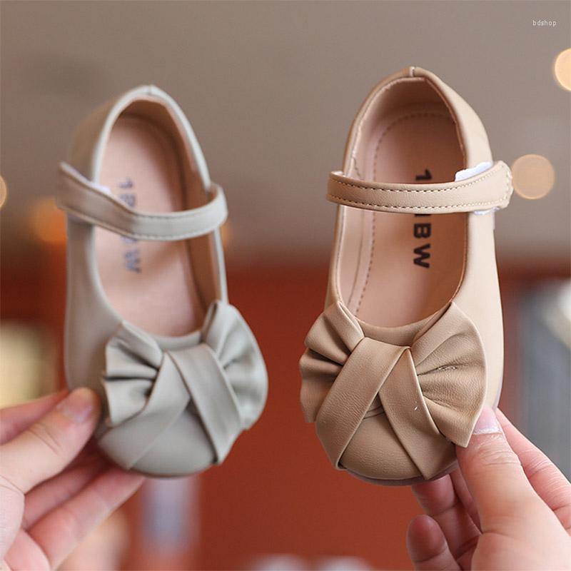 

Flat Shoes 2022 Spring Autumn Girls Bowtie Mary Janes Fashion Kids Flats Anti-slip Leather Princess Child Toddlers, Beige