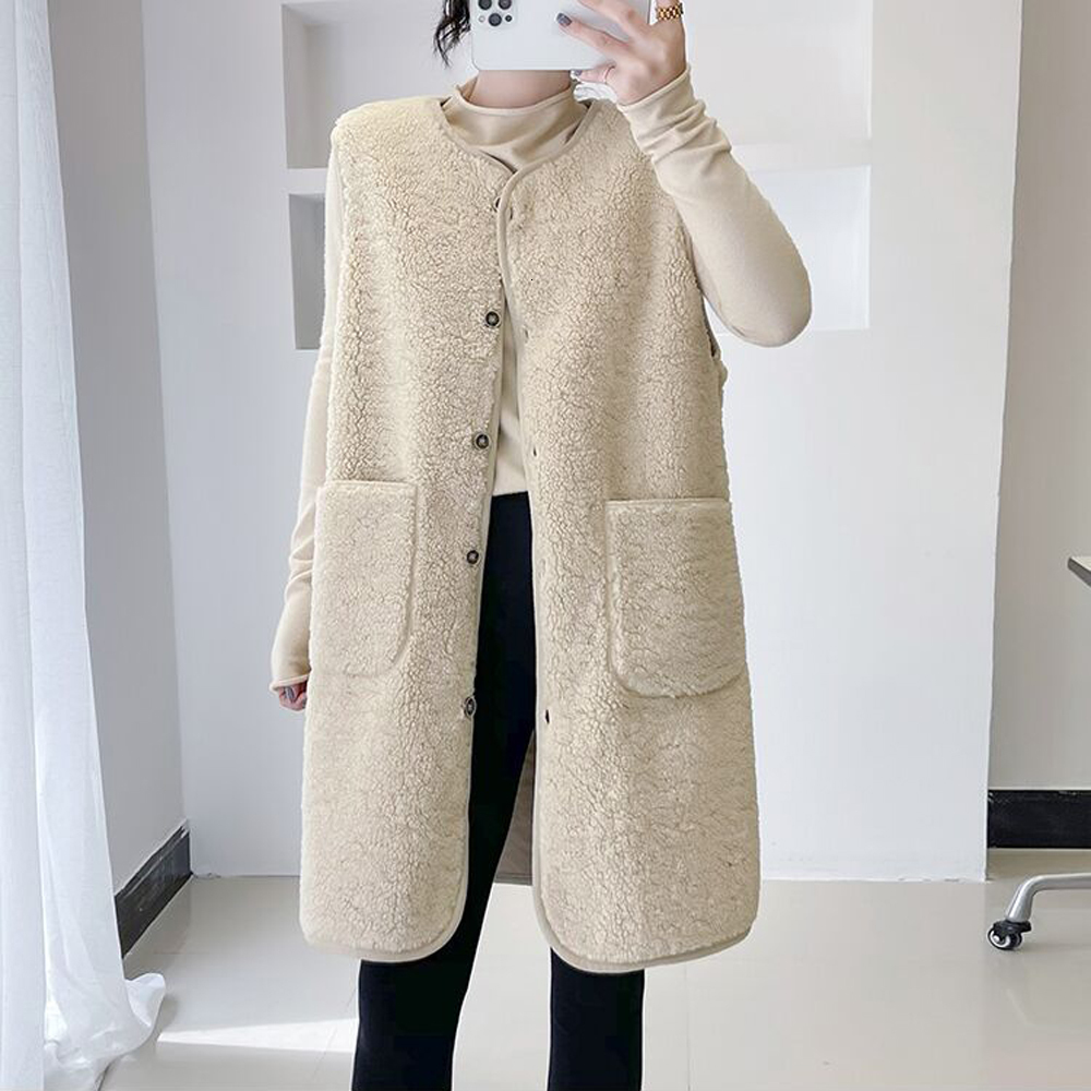 

Women's Vest Lamb Plush Female Fur Waistcoat Ladies All Match Sleeveless Single Breasted Button Loose Jacket M  WDC054 221201, Rice white