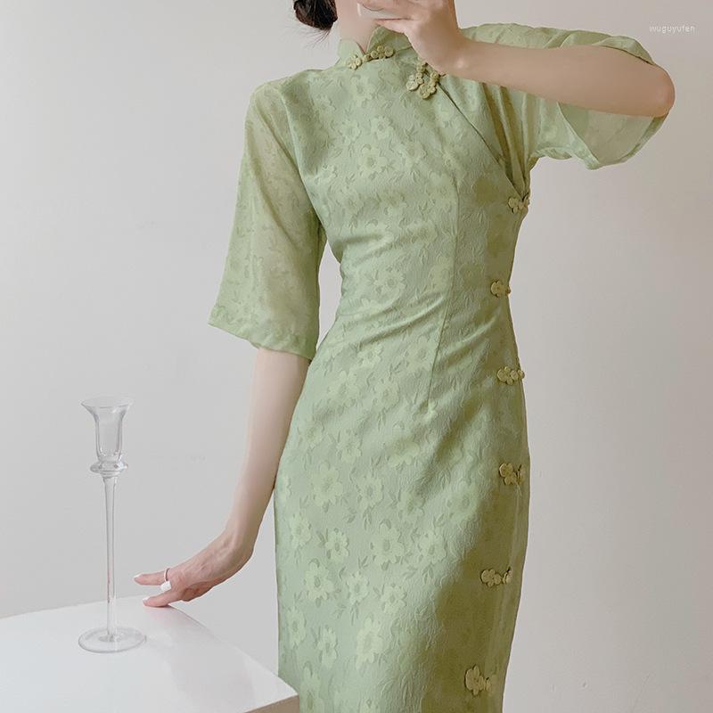 

Ethnic Clothing Cheongsam Printing Vintage Button Three Quarter Sleeves Lace Retro Dress Women Qipao Green Vestidso Wedding Party Prom